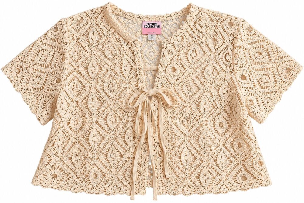Future Collective Cream Crochet Tie Front Cardigan Top Boho Women’s Size Medium